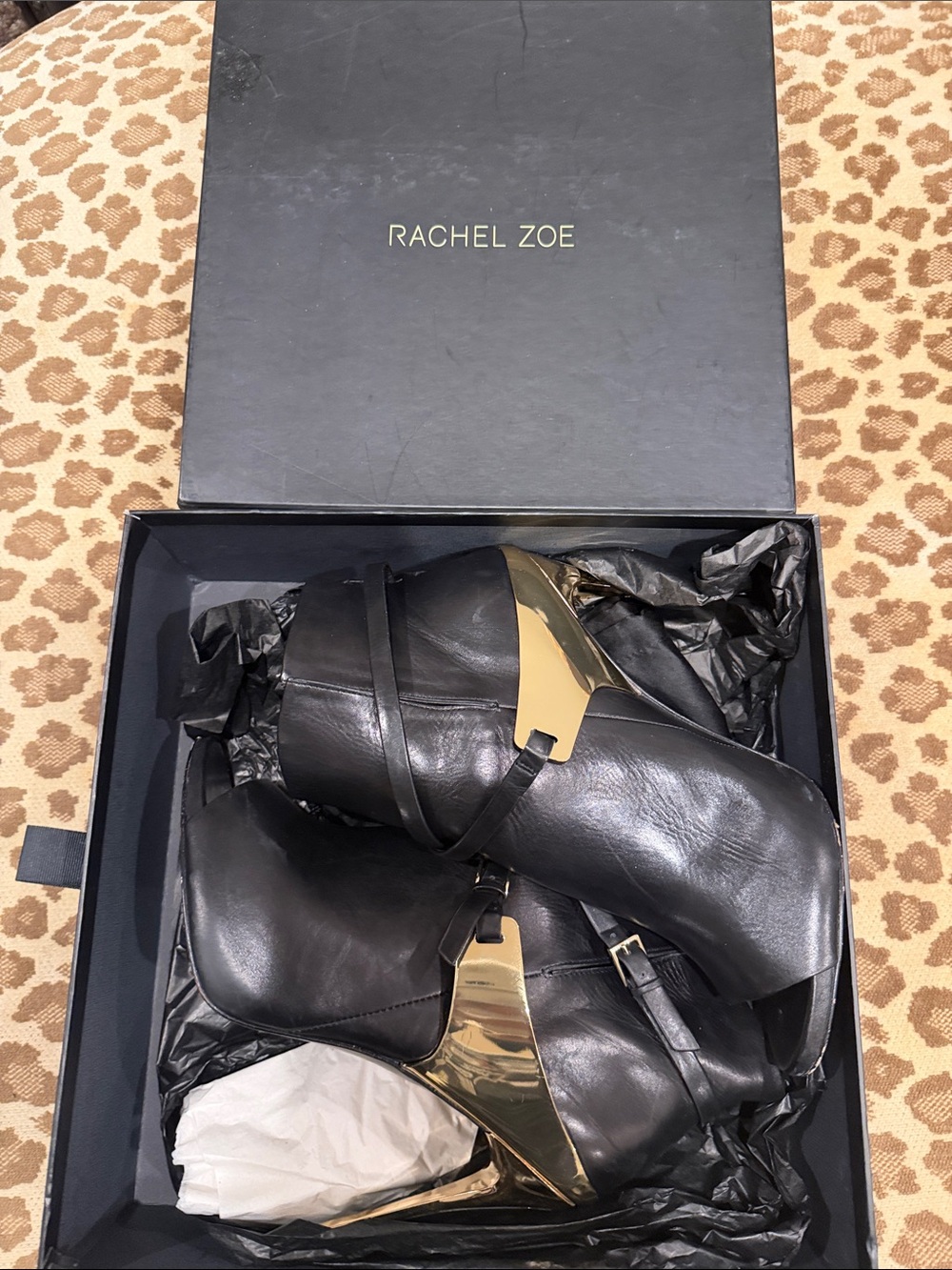 Rachel Zoe Black Leather Ankle Boots with Gold Accent Hardware